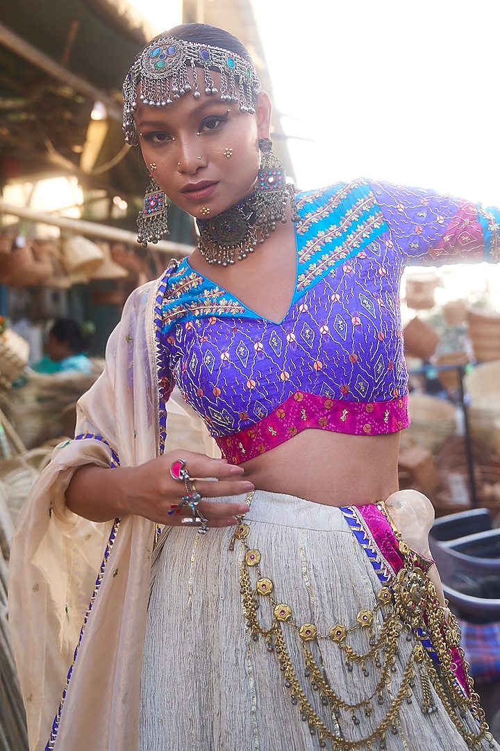 Beige Pochampally Raw Silk Ikat Fabric Handwork Wedding Lehenga Set by Muskann Kapadiaa at Pernia's Pop Up Shop
