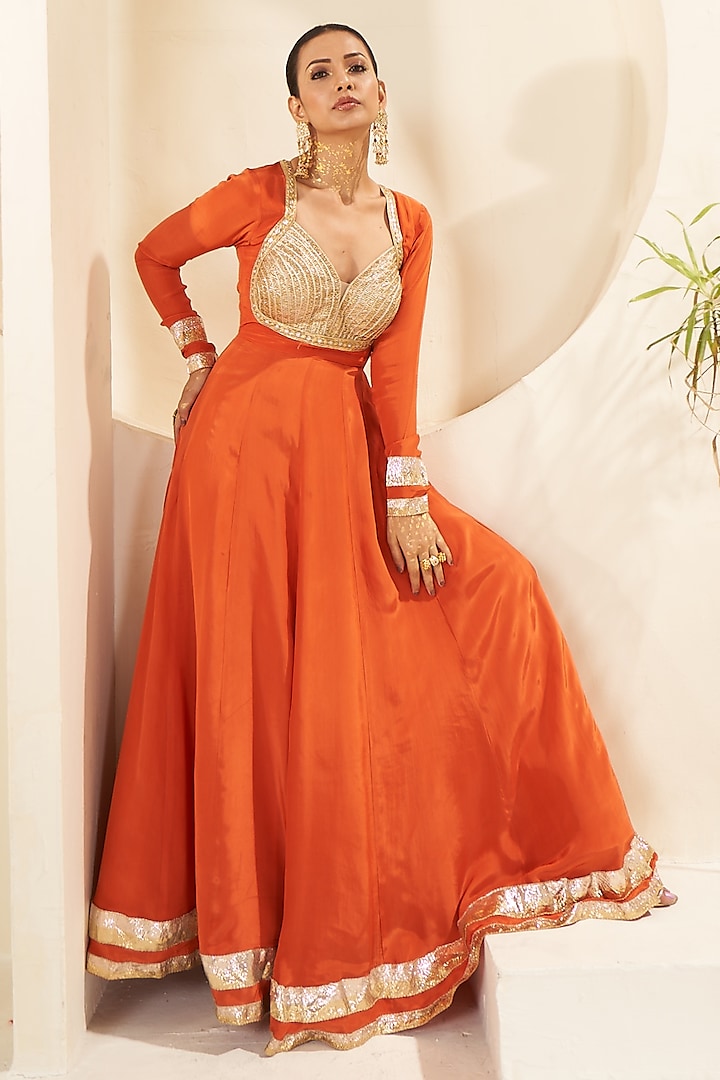 Orange Silk Gota Patti Work Party Wear Anarkali Set by Muskann Kapadiaa at Pernia's Pop Up Shop