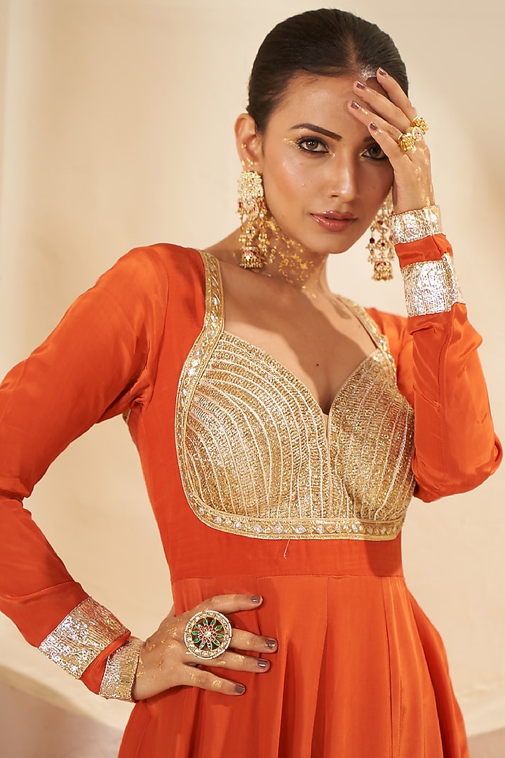 Orange Silk Gota Patti Work Party Wear Anarkali Set by Muskann Kapadiaa at Pernia's Pop Up Shop