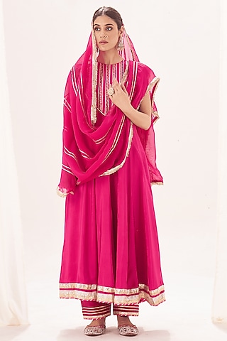 Pink Silk Gota Patti Work Anarkali Set by Muskann Kapadiaa