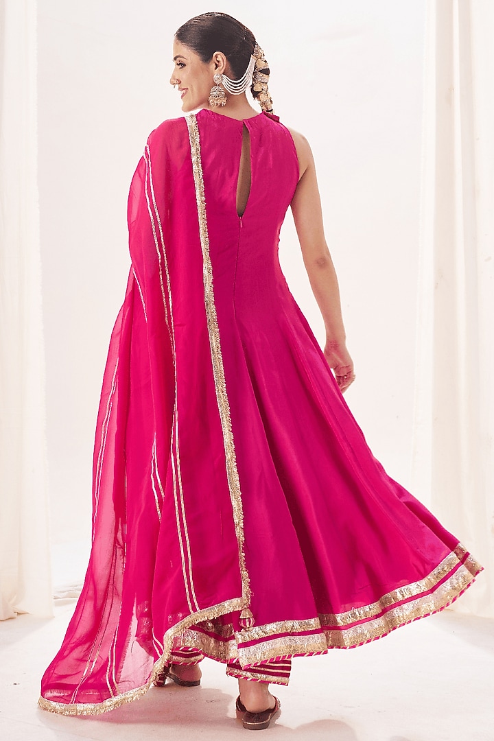 Pink Silk Gota Patti Work Party Wear Anarkali Set by Muskann Kapadiaa at Pernia's Pop Up Shop