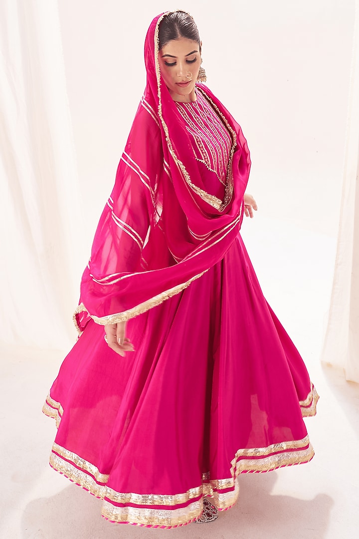 Pink Silk Gota Patti Work Party Wear Anarkali Set by Muskann Kapadiaa at Pernia's Pop Up Shop