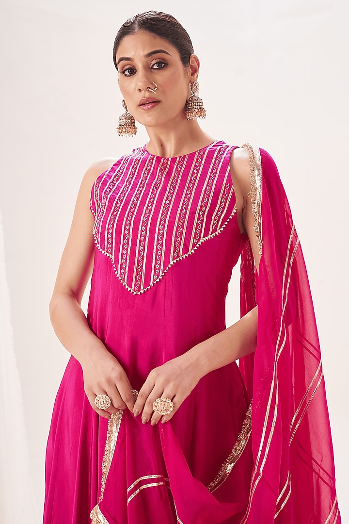 Pink Silk Gota Patti Work Party Wear Anarkali Set by Muskann Kapadiaa at Pernia's Pop Up Shop