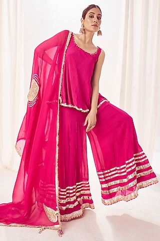 Pink Silk Gota Patti Work Kurta Set by Muskann Kapadiaa