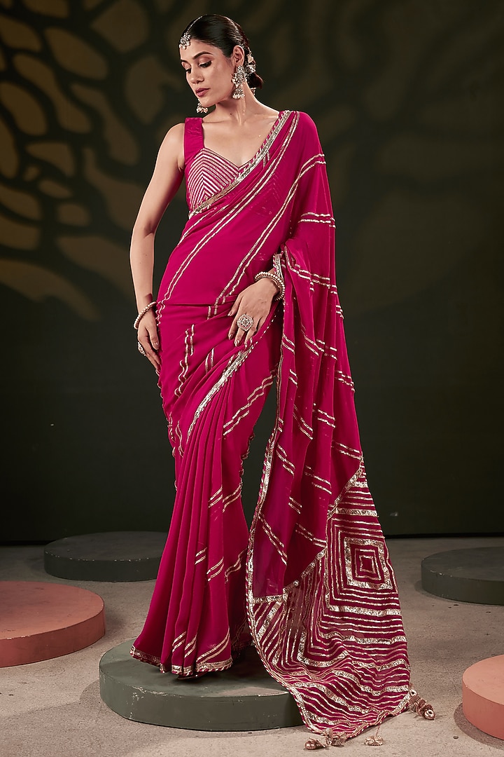 Pink Silk & Georgette Gota Patti Work Pre-Stitched Wedding Saree Set  by Muskann Kapadiaa at Pernia's Pop Up Shop