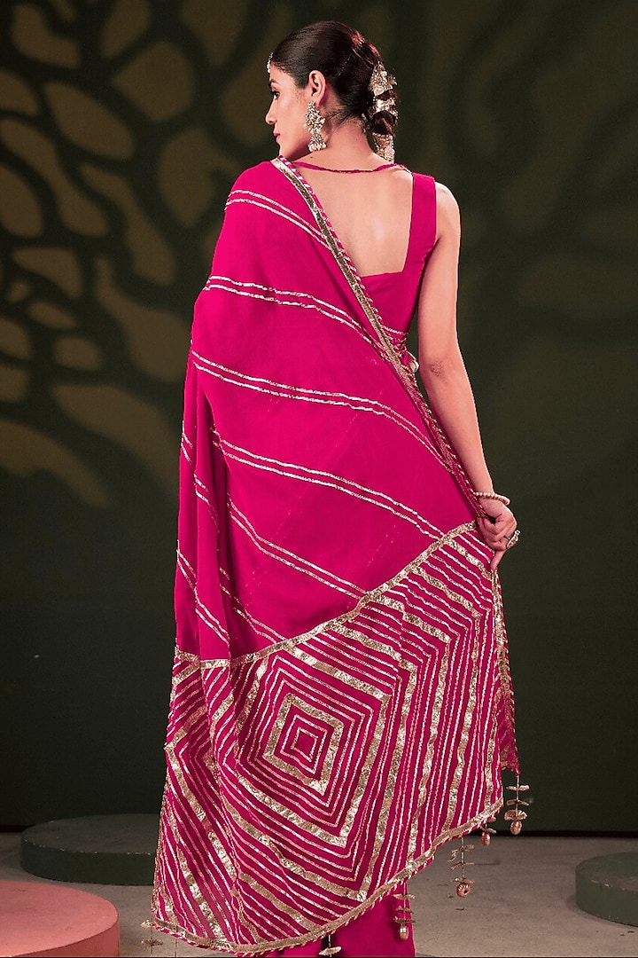 Pink Silk & Georgette Gota Patti Work Pre-Stitched Wedding Saree Set by Muskann Kapadiaa at Pernia's Pop Up Shop