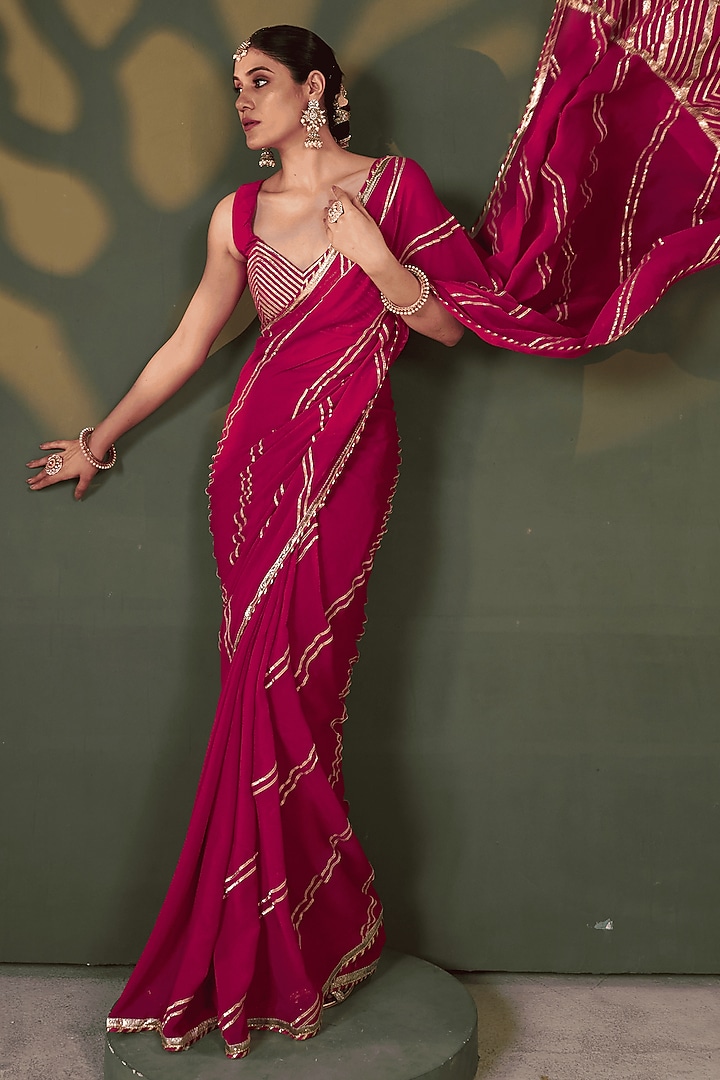 Pink Silk & Georgette Gota Patti Work Pre-Stitched Wedding Saree Set by Muskann Kapadiaa at Pernia's Pop Up Shop