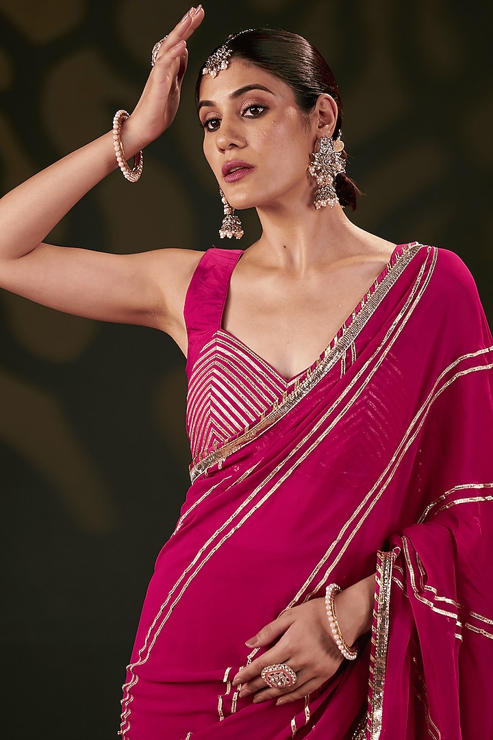 Pink Silk & Georgette Gota Patti Work Pre-Stitched Wedding Saree Set by Muskann Kapadiaa at Pernia's Pop Up Shop