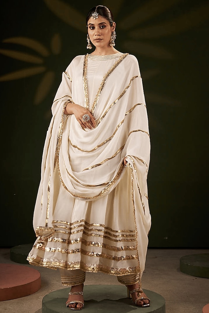 Ivory Chiffon Gota Patti Work Party Wear Anarkali Set by Muskann Kapadiaa at Pernia's Pop Up Shop