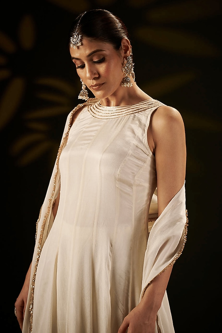 Ivory Chiffon Gota Patti Work Party Wear Anarkali Set by Muskann Kapadiaa at Pernia's Pop Up Shop