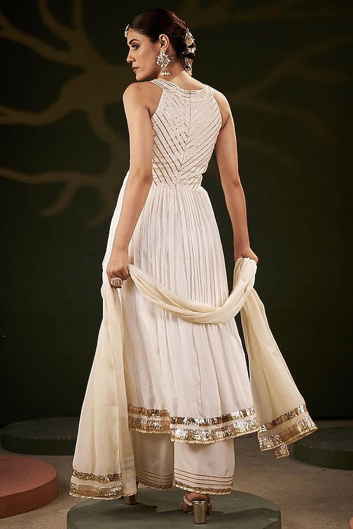 Ivory Chiffon & Silk Gota Patti Work Kurta Set by Muskann Kapadiaa at Pernia's Pop Up Shop