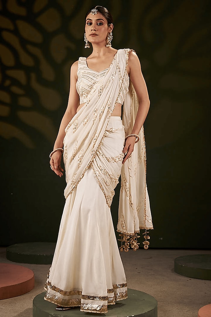 Ivory Silk & Chiffon Gota Patti Work Pre-Stitched Wedding Saree Set by Muskann Kapadiaa at Pernia's Pop Up Shop