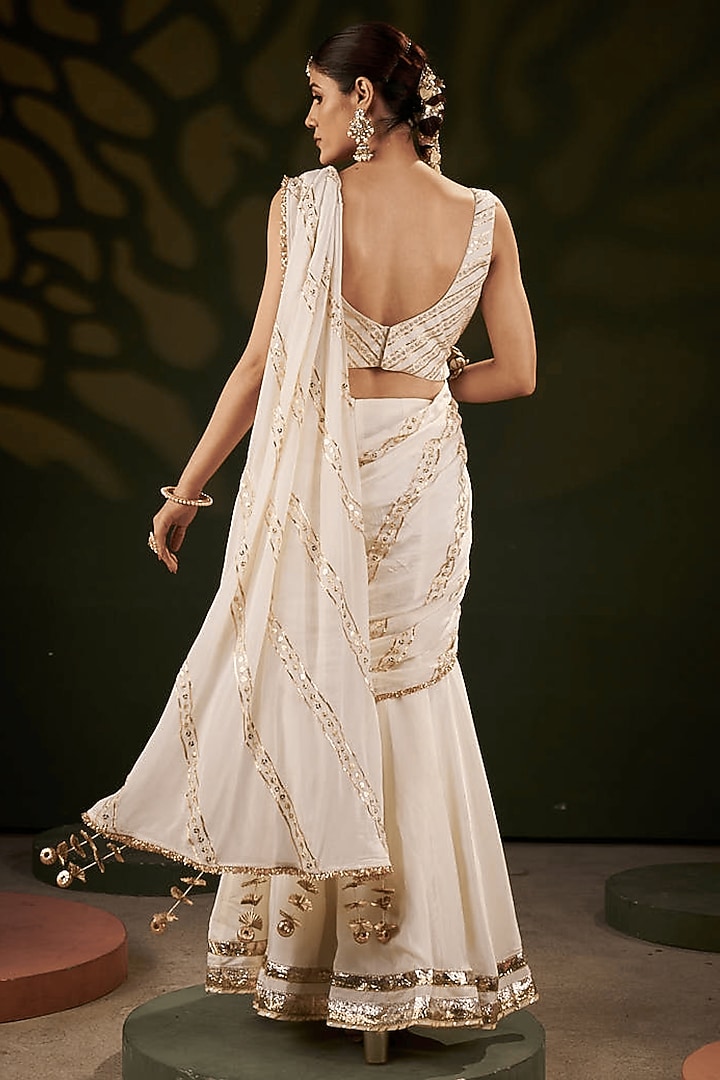 Ivory Silk & Chiffon Gota Patti Work Pre-Stitched Wedding Saree Set by Muskann Kapadiaa at Pernia's Pop Up Shop
