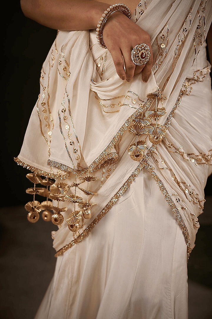 Ivory Silk & Chiffon Gota Patti Work Pre-Stitched Wedding Saree Set by Muskann Kapadiaa at Pernia's Pop Up Shop