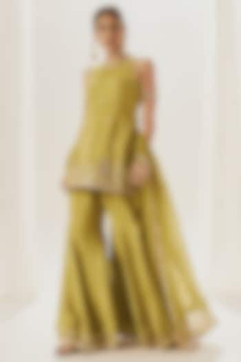 Green Silk Gota Patti Work Kurta Set by Muskann Kapadiaa at Pernia's Pop Up Shop