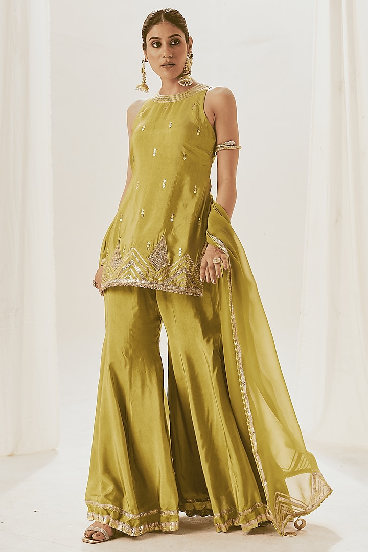 Green Silk Gota Patti Work Kurta Set by Muskann Kapadiaa at Pernia's Pop Up Shop