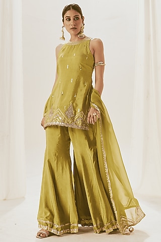 Green Silk Gota Patti Work Kurta Set by Muskann Kapadiaa
