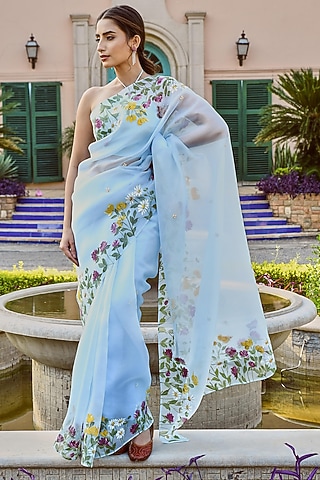 Blue Silk Hand Painted Saree Set by MUKSWETA