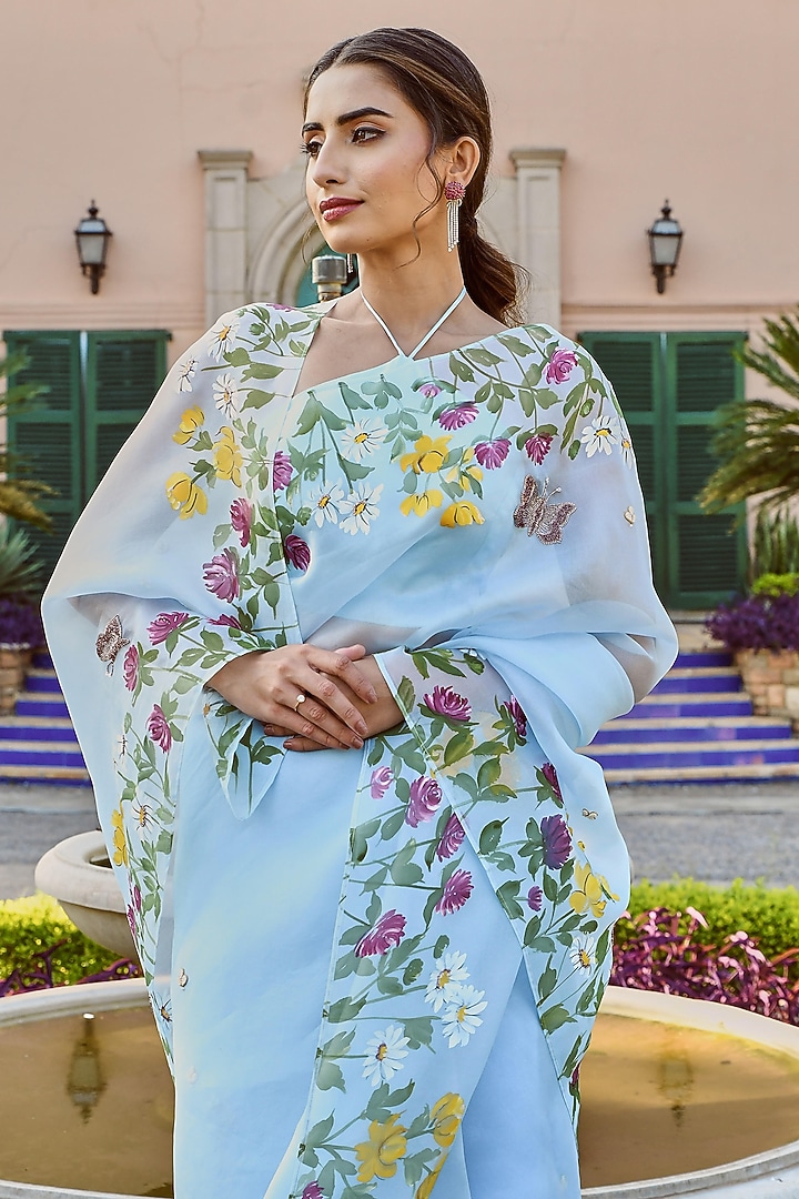Blue Silk Hand Painted Party Wear Saree Set by MUKSWETA at Pernia's Pop Up Shop