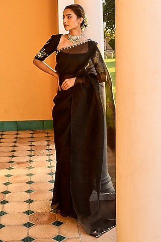 Black Organza Silk Hand Embroidered Saree Set by MUKSWETA