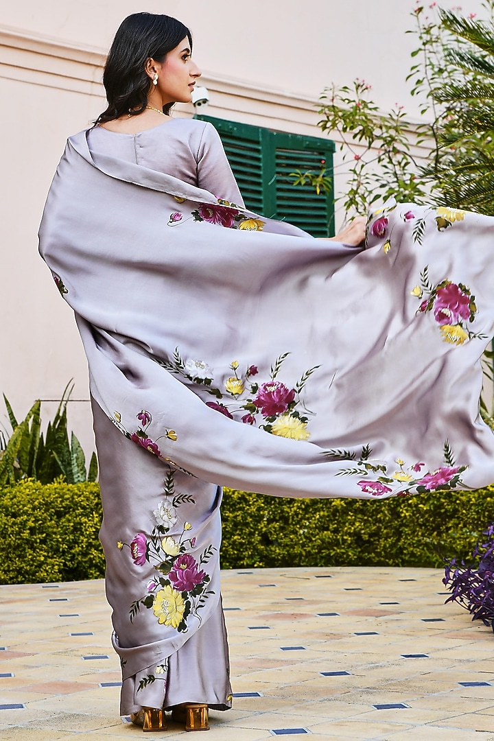 Grey Silk Satin Hand Painted Party Wear Saree Set by MUKSWETA at Pernia's Pop Up Shop