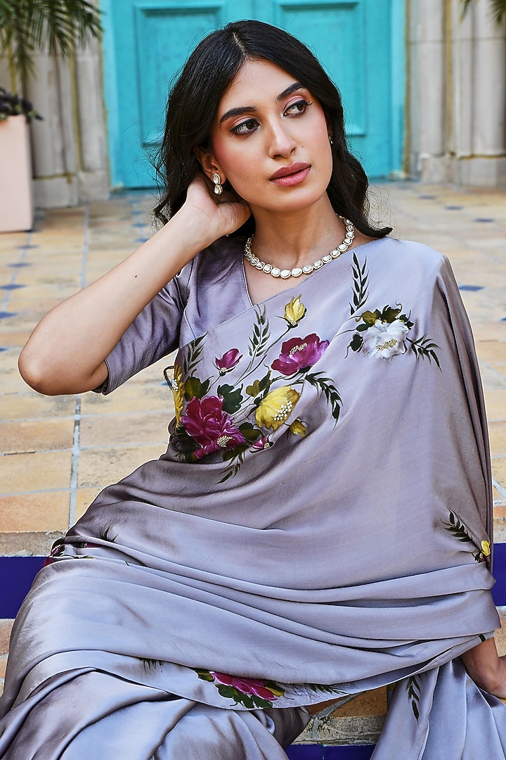 Grey Silk Satin Hand Painted Party Wear Saree Set by MUKSWETA at Pernia's Pop Up Shop
