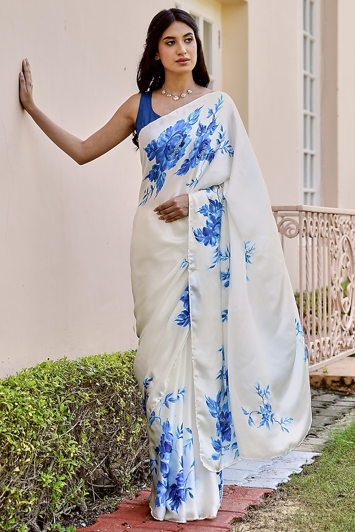 White Silk Satin Hand Painted Saree Set by MUKSWETA