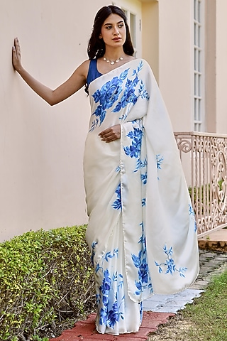 White Silk Satin Hand Painted Saree Set by MUKSWETA
