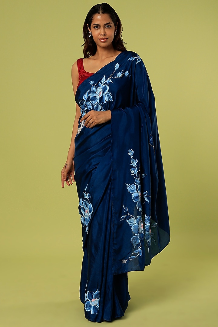 Cobalt Blue Embroidered & Hand Painted Saree by MUKSWETA