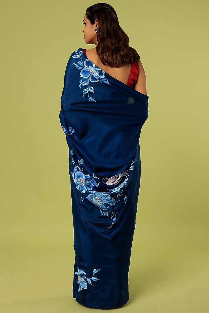 Cobalt Blue Embroidered & Hand Painted Party Wear Saree by MUKSWETA at Pernia's Pop Up Shop