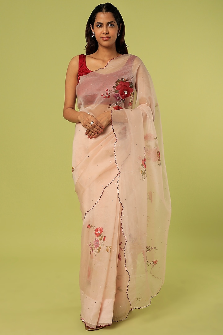 Pink Embroidered & Hand Painted Saree by MUKSWETA