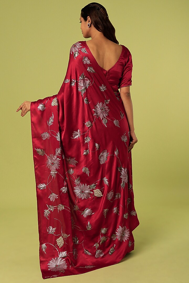 Maroon Embroidered & Hand Painted Party Wear Saree by MUKSWETA at Pernia's Pop Up Shop