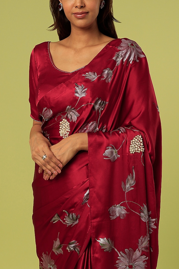 Maroon Embroidered & Hand Painted Party Wear Saree by MUKSWETA at Pernia's Pop Up Shop