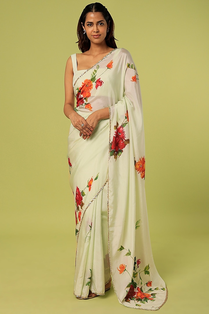 Green Embroidered & Hand Painted Saree by MUKSWETA