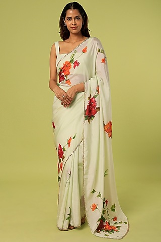 Green Embroidered & Hand Painted Saree by MUKSWETA