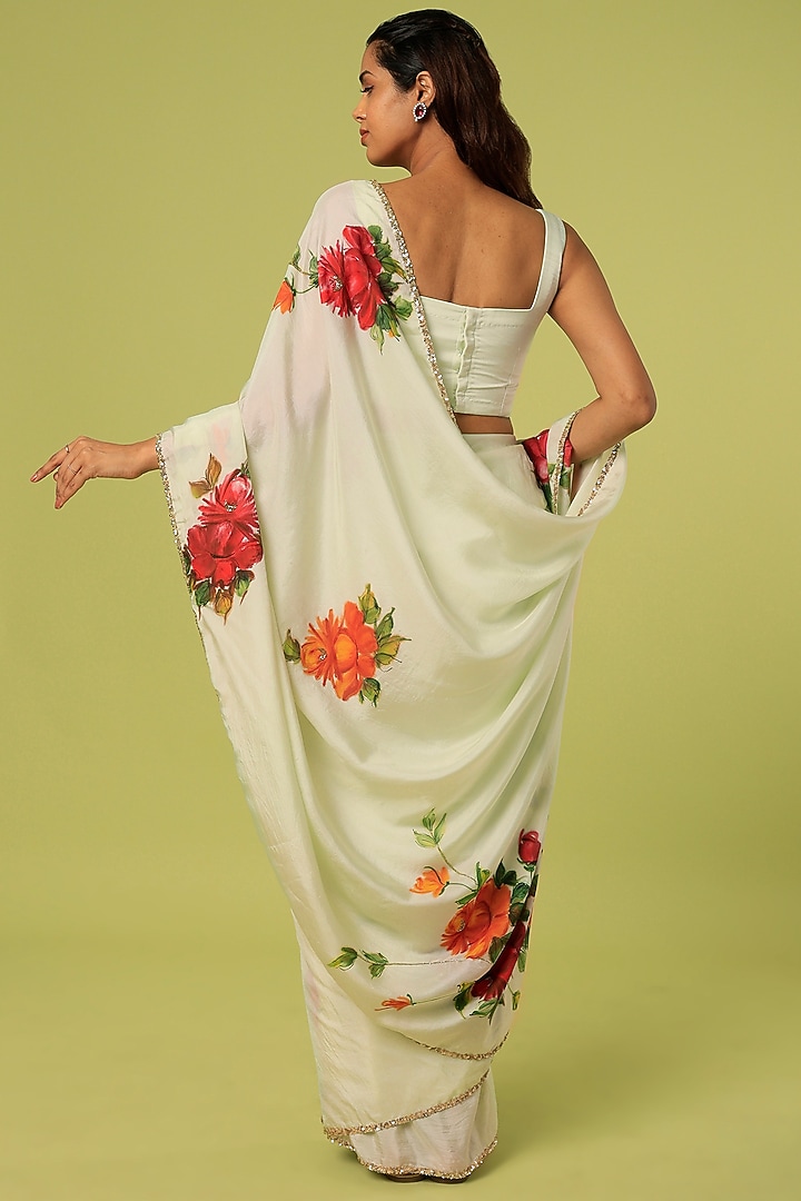 Green Embroidered & Hand Painted Party Wear Saree by MUKSWETA at Pernia's Pop Up Shop