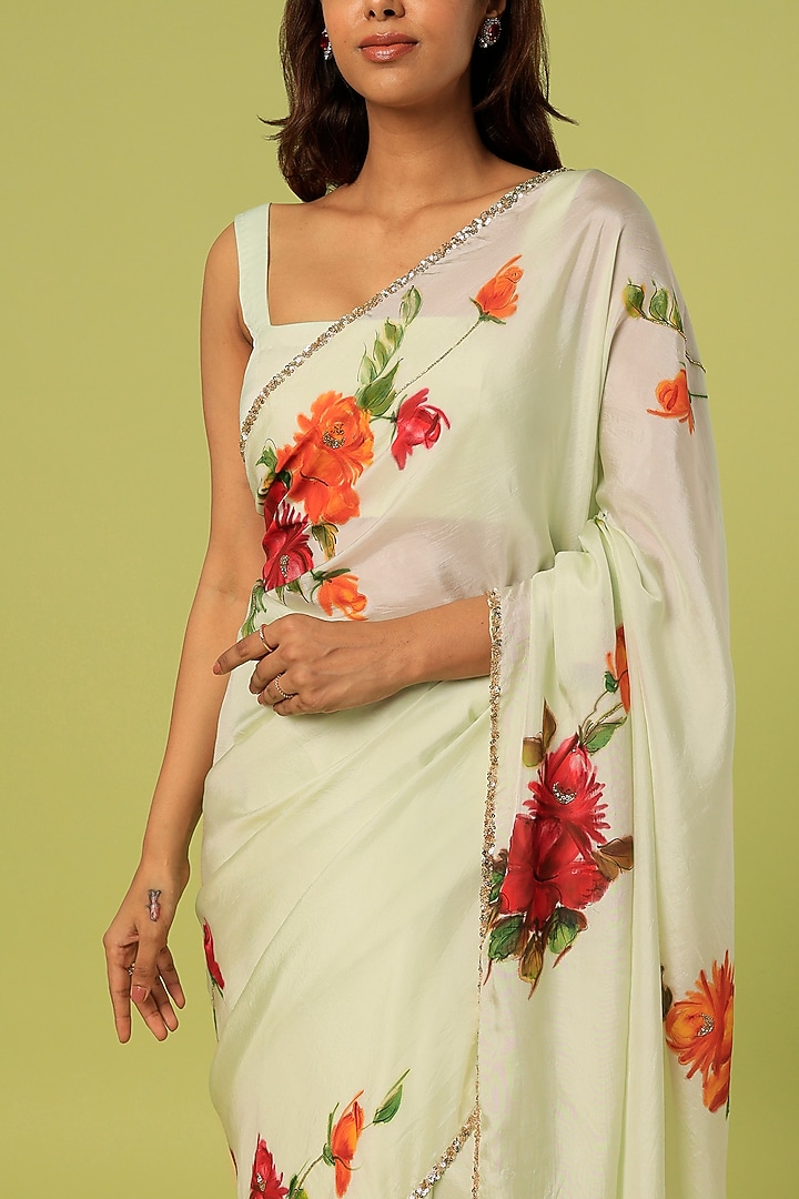 Green Embroidered & Hand Painted Party Wear Saree by MUKSWETA at Pernia's Pop Up Shop