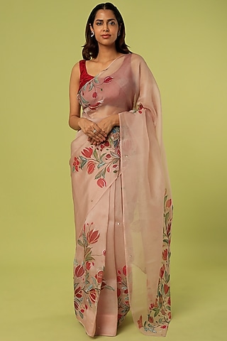 Peach Embroidered & Hand Painted Saree by MUKSWETA