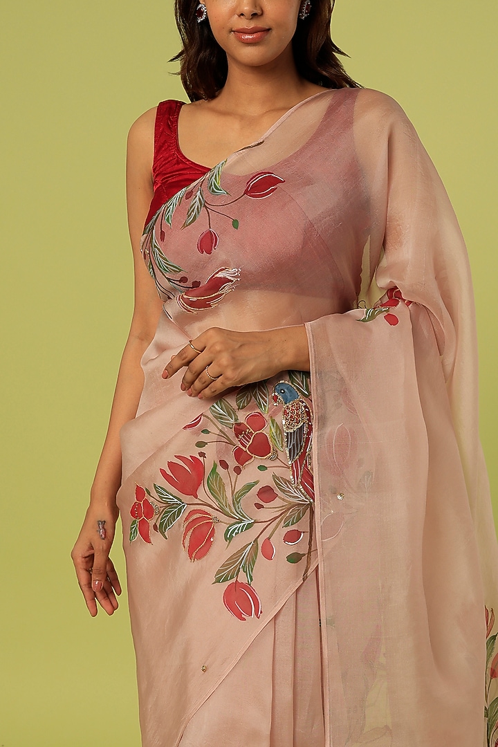 Peach Embroidered & Hand Painted Party Wear Saree by MUKSWETA at Pernia's Pop Up Shop