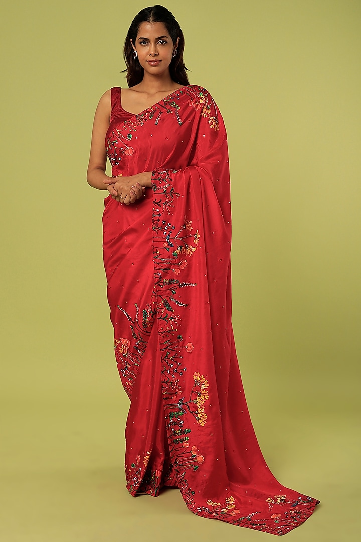 Red Embroidered & Hand Painted Saree by MUKSWETA