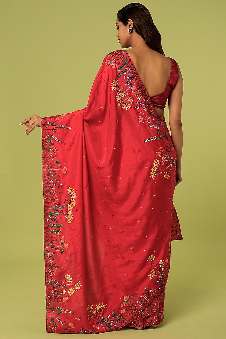 Red Embroidered & Hand Painted Party Wear Saree by MUKSWETA at Pernia's Pop Up Shop