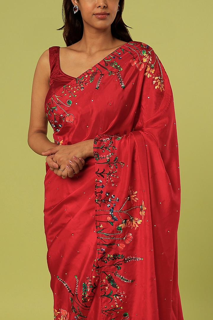 Red Embroidered & Hand Painted Party Wear Saree by MUKSWETA at Pernia's Pop Up Shop