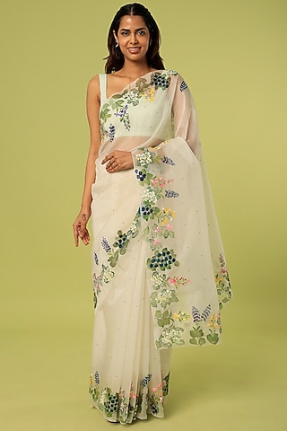 White Embroidered & Hand Painted Saree by MUKSWETA