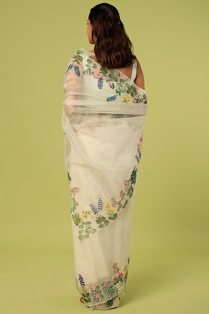 White Embroidered & Hand Painted Party Wear Saree by MUKSWETA at Pernia's Pop Up Shop