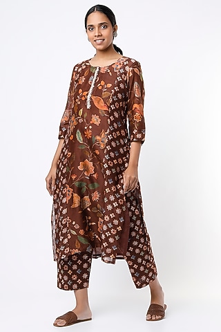 Brown Printed Kalidar Kurta Set by Mulberry Blue