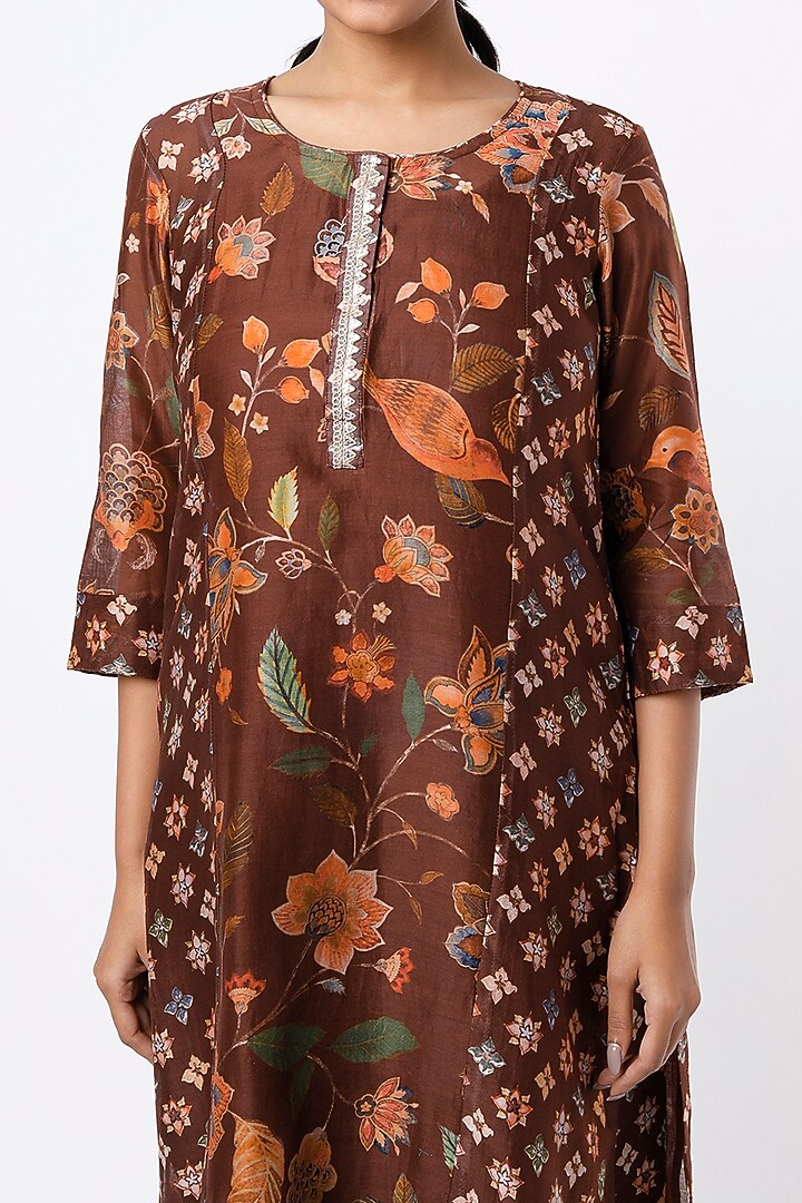 Brown Printed Kalidar Kurta Set by Mulberry Blue at Pernia's Pop Up Shop