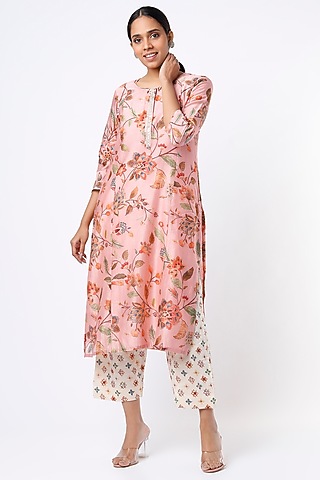 Blush Pink Printed Kalidar Kurta Set by Mulberry Blue