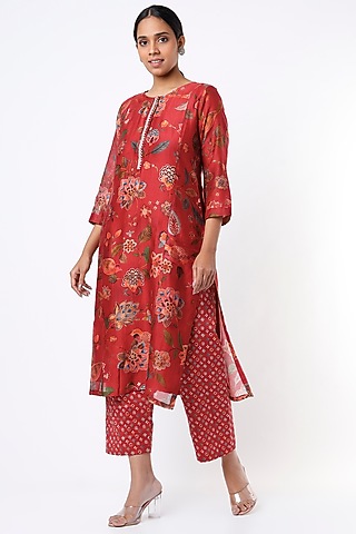 Red Printed Kalidar Kurta Set by Mulberry Blue