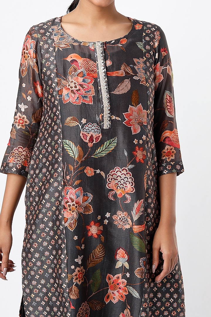 Grey Printed Kalidar Kurta Set by Mulberry Blue at Pernia's Pop Up Shop
