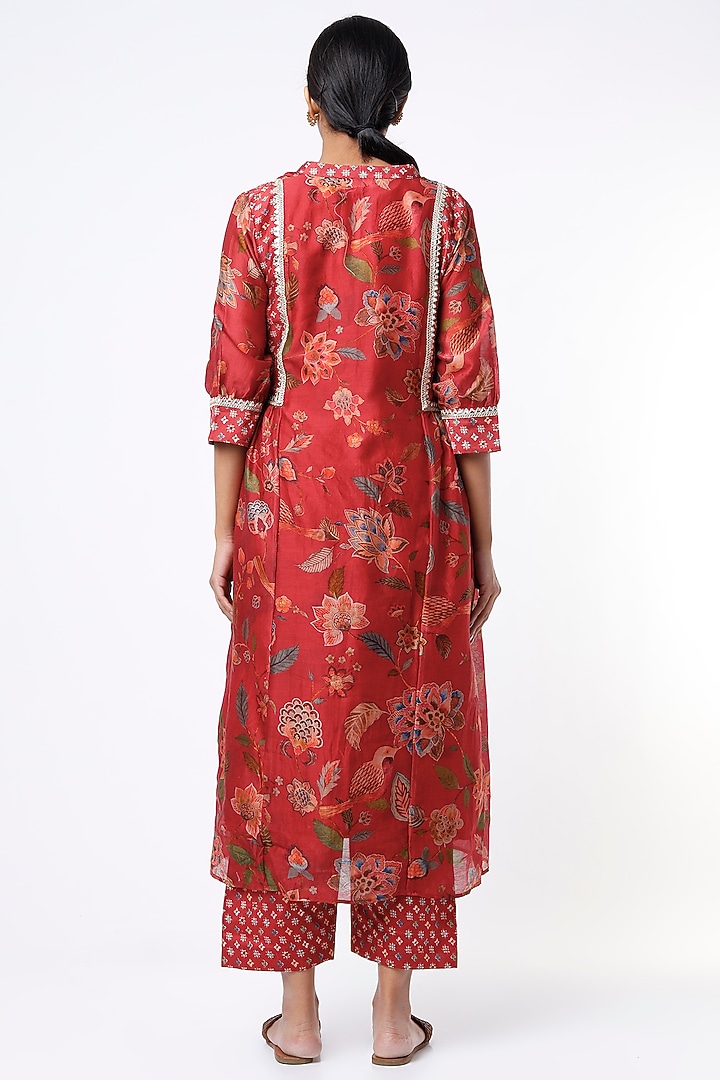 Red Printed Gathered Kurta Set by Mulberry Blue at Pernia's Pop Up Shop